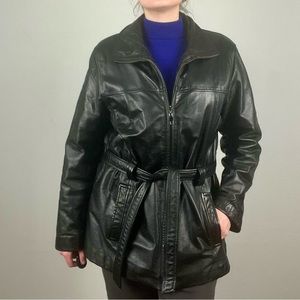 Kathy Ireland Black Belted Leather Jacket
